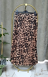 Leopar Desenli Saten Kadın Etek Taba