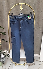 Erkek Lastikli Yan Cepli Mavi Pantolon