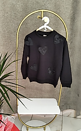 Kalp Desenli Kız Sweatshirt Siyah