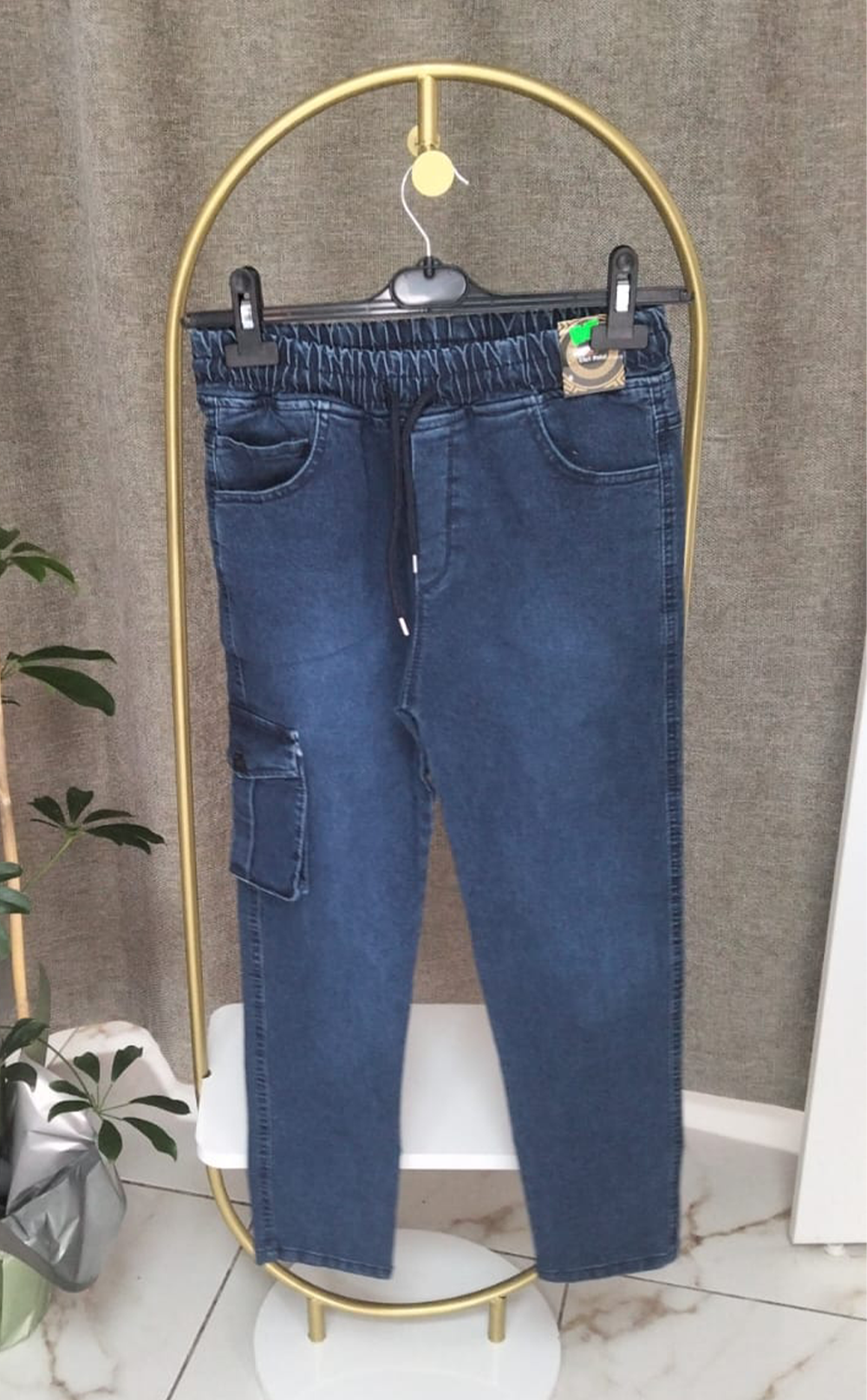 Erkek Lastikli Yan Cepli Mavi Pantolon