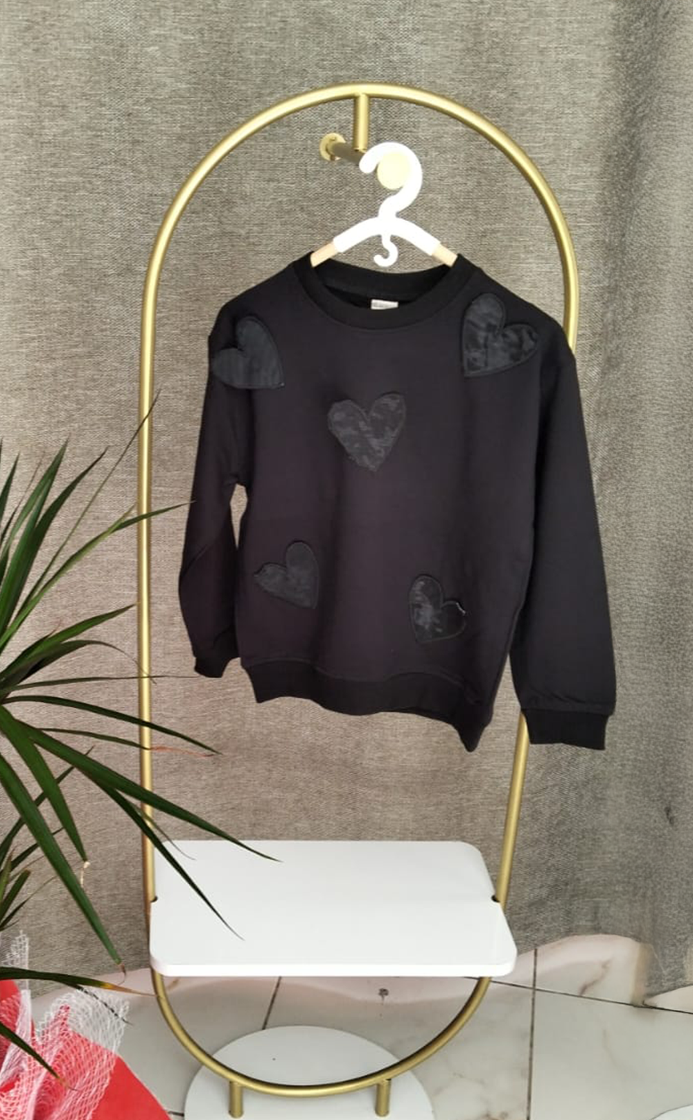 Kalp Desenli Kız Sweatshirt Siyah