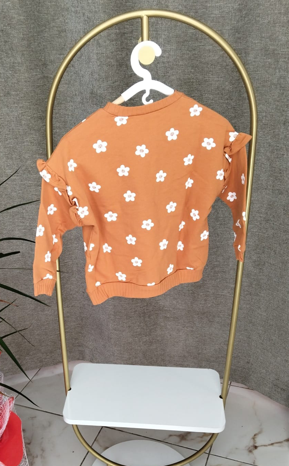 Papatya Baskılı Turuncu Uzun Kollu