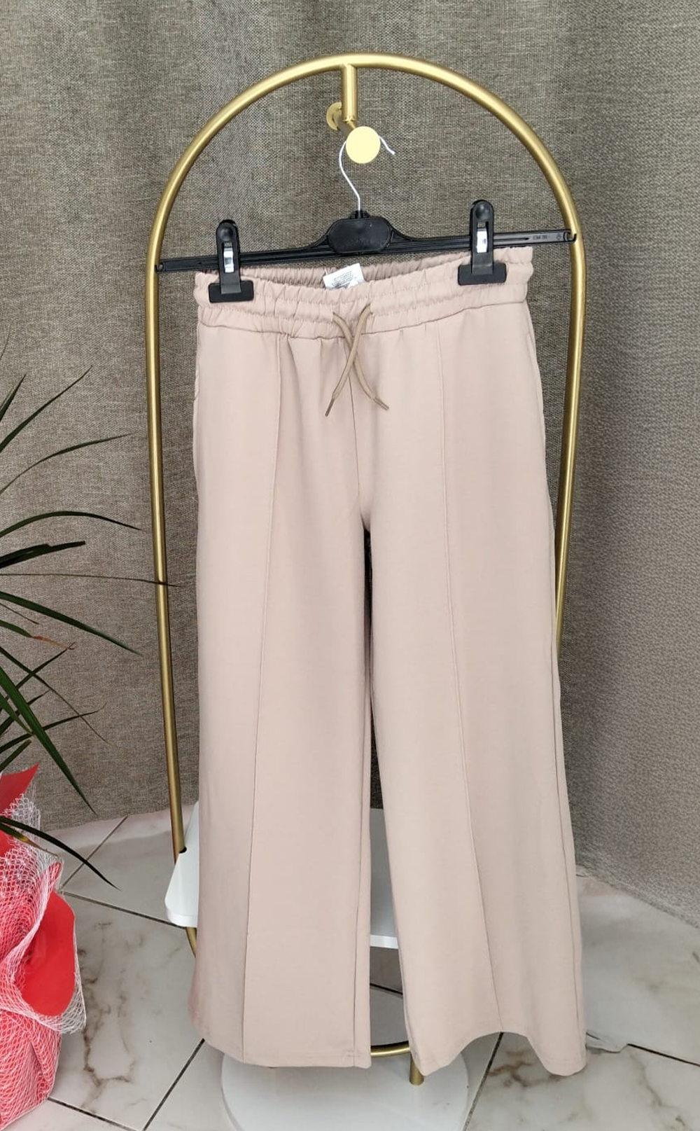 Lastikli Bağlamalı Bol Paça Pantolon Bej